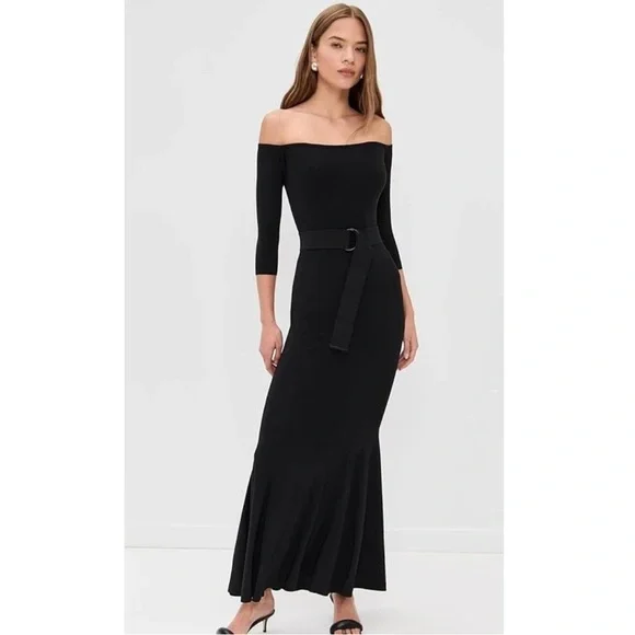 Norma Kamali Off Shoulder Fishtail Gown Maxi Dress Black Belt Stretch Jersey M Norma Kamali Off Shoulder Fishtail Gown Maxi Dress Black Belt Stretch Jersey M